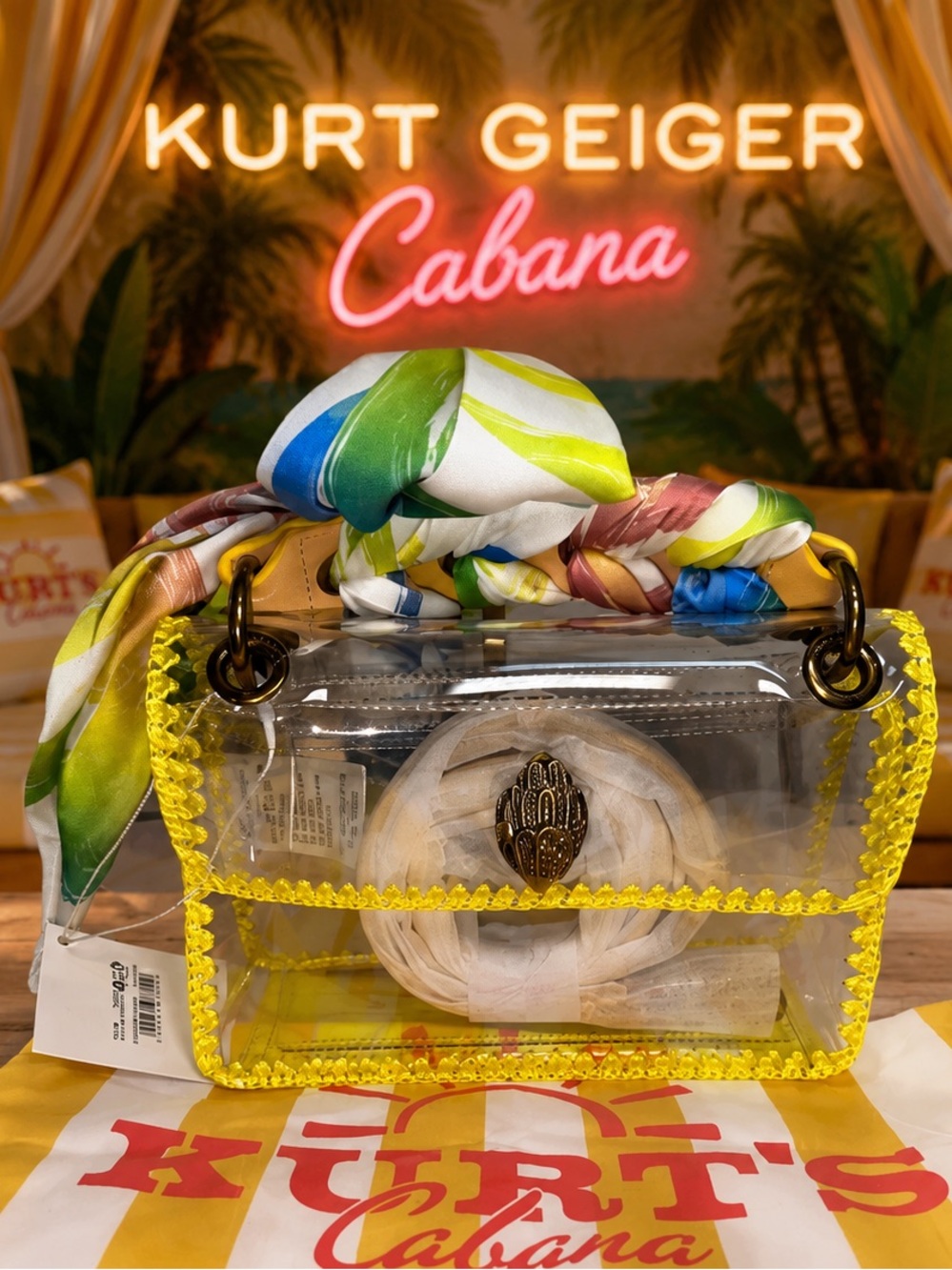 Kurt Geiger Clear Mini Satchel with Yellow Trim and Multicolor Scarf Handle
